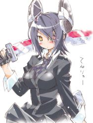 Rule 34 | 10s, 1girl, black hair, blush, cardigan, character name, eyepatch, fingerless gloves, gloves, highres, iwasaki masakazu, kantai collection, long sleeves, md5 mismatch, necktie, personification, resized, scabbard, sheath, short hair, sketch, solo, sword, tenryuu (kancolle), weapon, white background, yellow eyes