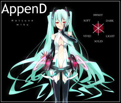 Rule 34 | 1girl, :d, aqua hair, bad id, bad pixiv id, belt, bridal gauntlets, character name, elbow gloves, female focus, fingerless gloves, gloves, hatsune miku, hatsune miku (append), long hair, mozuku doukoukai, navel, necktie, open mouth, petrushka (artist), red eyes, smile, solo, twintails, very long hair, vocaloid, vocaloid append