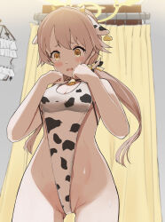Rule 34 | 1girl, :o, @ @, alternate costume, animal print, backlighting, bell, bikini, bizen kurage, blue archive, blurry, blush, breasts, brown hair, cleavage, clothes hanger, commentary request, confused, cow print, curtains, depth of field, fitting room, frilled bikini, frills, from below, groin, hair between eyes, hifumi (blue archive), hifumi (swimsuit) (blue archive), highleg, highleg swimsuit, highres, indoors, jingle bell, long hair, looking at viewer, looking down, low twintails, medium breasts, midriff, neck bell, one-piece swimsuit, sidelocks, sleeveless, solo, sweatdrop, swimsuit, twintails, two-tone swimsuit, wavy mouth, wing hair ornament, yellow eyes