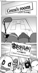 Rule 34 | 3koma, backwards hat, blush stickers, bow, bowtie, comic, commentary request, door, closed eyes, greyscale, half-closed eyes, halftone, hat, kirby (series), knit hat, microphone, monochrome, movie camera, nintendo, no humans, ouya (maboroshimori), sign, sparkling eyes, translation request, twitter username, waddle dee