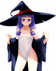 Rule 34 | 1girl, ayase yue, bell, braid, breasts, cameltoe, casual one-piece swimsuit, flat chest, halterneck, hat, highleg, highleg swimsuit, jingle bell, long hair, mahou sensei negima!, navel, nipples, one-piece swimsuit, open clothes, open robe, purple eyes, purple hair, pussy, robe, see-through, simple background, swimsuit, tomoyo (artist), twin braids, undressing, witch hat