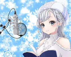 Rule 34 | 1girl, argyle, asumi ririse, blue eyes, blush, book, braid, clothing cutout, earrings, frilled shirt, frills, hat, heart, heart earrings, high collar, highres, jewelry, lavie (cestbonlavie), long hair, looking at viewer, microphone, pop filter, shirt, shoulder cutout, smile, snowflakes, solo, studio microphone, upper body, voicepeak, white hair