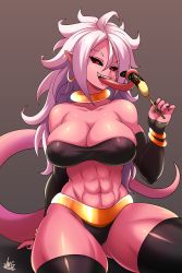 Rule 34 | 1girl, abs, absurdres, android 21, bangle, black nails, black sclera, black thighhighs, bracelet, breasts, chocolate banana, cleavage, cleft of venus, colored sclera, colored skin, covered erect nipples, curly hair, detached sleeves, dragon ball, dragon ball fighterz, ear piercing, earclip, earrings, food, highres, hoop earrings, jewelry, jmg, large breasts, licking lips, long hair, majin android 21, muscular, muscular female, nail polish, neck ring, piercing, pink skin, pointy ears, red eyes, ring, sitting, skindentation, solo, strapless, tail, thick thighs, thighhighs, thighs, tongue, tongue out, tube top
