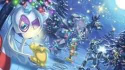 Rule 34 | blue eyes, christmas, christmas lights, colored sclera, creatures (company), eyelashes, froslass, game freak, gen 2 pokemon, gen 4 pokemon, gen 5 pokemon, gen 7 pokemon, holding, holding pokemon, joltik, light bulb, looking down, luxray, mixed-language commentary, moon, night, nintendo, no humans, outdoors, pokemon, pokemon (creature), red eyes, scrafty, scraggy, sky, snow, spareribs, standing, star (symbol), steelix, tree, ultra beast, wire, xurkitree, yellow sclera