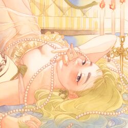 Rule 34 | 1girl, babydoll, bare shoulders, battan8, bead necklace, beads, blonde hair, blue hair, breasts, candle, candlestand, cleavage, closed mouth, couch, cowboy shot, earrings, eyelashes, fire, frills, from above, hand to own mouth, highres, indoors, jewelry, legs up, long hair, looking at viewer, medium breasts, multicolored hair, necklace, on floor, original, see-through, sleeveless, smile, solo, strap slip, streaked hair, tassel, two-tone hair, yellow theme