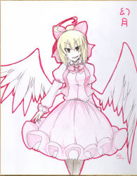 Rule 34 | &gt;:d, 1girl, :d, ahoge, artist name, blonde hair, bow, earlgrey, female focus, gengetsu (touhou), hair bow, long sleeves, low wings, no nose, open mouth, puffy sleeves, red eyes, shikishi, short hair, simple background, smile, solo, touhou, touhou (pc-98), traditional media, v-shaped eyebrows, white background, white wings, wings