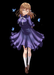 Rule 34 | 1girl, absurdres, arms behind back, artist name, artist request, bare legs, black background, blue bow, blue butterfly, blue dress, blue skirt, blush, bow, breasts, brown eyes, brown footwear, brown hair, bug, butterfly, buttons, dress, female focus, floating hair, frilled sleeves, frills, full body, glasses, hair between eyes, hair bow, highres, insect, kunikida hanamaru, light brown hair, long hair, long sleeves, looking at viewer, love live!, love live! school idol festival, love live! sunshine!!, medium breasts, miniskirt, mitaiken horizon, mitaiken horizon (love live!), parted lips, plaid, plaid dress, plaid skirt, pleated, pleated dress, pleated skirt, ribbon, shoes, skirt, smile, solo, standing, striped bow, striped ribbon, wavy hair, white bow, white legwear, white ribbon, yellow eyes