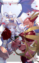 Rule 34 | 2boys, armor, artist name, character name, cropped legs, digimon, digimon (creature), digimon frontier, dragon, dynasmon, e volution, english text, falling petals, flower, from side, gold trim, helmet, holding, holding flower, horns, lordknightmon, multiple boys, no humans, petals, pink armor, profile, red eyes, rose, royal knights, white armor, wings