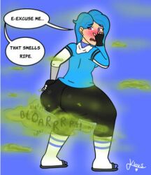 Rule 34 | 1girl, artist name, blue background, commentary, english commentary, fart, lowres, non-web source, signature, smg4, solo, tari (smg4)