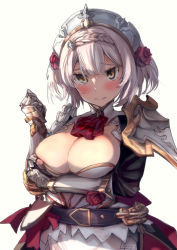 Rule 34 | 1girl, areola slip, armor, armored dress, belt, belt buckle, blush, braid, braided bangs, breast hold, breasts, buckle, cleavage, flower, french braid, frown, gauntlets, genshin impact, gold trim, hair flower, hair ornament, hair ribbon, headpiece, kobiemon, large breasts, maid, maid headdress, multicolored hair, noelle (genshin impact), pink hair, ribbon, rose, shoulder armor, simple background, solo, split mouth, two-tone hair, white background, white hair, yellow eyes