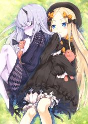 Rule 34 | 2girls, abigail williams (fate), bags under eyes, black bow, black dress, black footwear, black hat, blonde hair, bloomers, blue eyes, blush, bow, bug, butterfly, closed mouth, commentary request, cura, day, dress, fate/grand order, fate (series), grass, hair bow, hands in opposite sleeves, hat, holding, holding another&#039;s hair, horns, hugging object, insect, lavinia whateley (fate), long hair, long sleeves, looking at another, looking at viewer, looking to the side, lying, multiple girls, nose blush, on back, on grass, on side, orange bow, outdoors, parted bangs, pink eyes, polka dot, polka dot bow, shoes, silver hair, single horn, sleeves past fingers, sleeves past wrists, smile, stuffed animal, stuffed toy, teddy bear, underwear, very long hair, white bloomers, wide-eyed, yuri