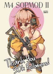 Rule 34 | 1girl, absurdres, artist name, assault rifle, black nails, brown hair, can, cigarette, english text, girls&#039; frontline, glasses, gun, highres, holding, holding can, holding cigarette, jacket, lemonade, m4 carbine, m4 sopmod ii (girls&#039; frontline), multicolored hair, optical sight, red eyes, rifle, sign, snafu (snafy snu), solo, squatting, streaked hair, warning sign, weapon, white background, yellow jacket