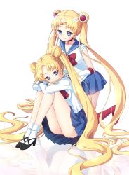 Rule 34 | 10s, 2girls, bishoujo senshi sailor moon, bishoujo senshi sailor moon crystal, blonde hair, blue eyes, blue sailor collar, blush, boots, bow, choker, crescent, double bun, dual persona, earrings, elbow gloves, gloves, hair ornament, hands on another&#039;s shoulders, high heels, highres, jewelry, kuune rin, hugging own legs, long hair, long sleeves, magical girl, multiple girls, red bow, reflection, sailor collar, sailor moon, school uniform, sitting, skirt, smile, socks, tiara, tsukino usagi, very long hair, white gloves