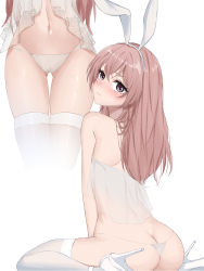 Rule 34 | 1girl, absurdres, animal ears, ass, babydoll, back, blush, butt crack, cameltoe, closed mouth, fake animal ears, feint721, female focus, from behind, gluteal fold, high heels, highres, inui sajuna, lingerie, long hair, looking at viewer, looking back, lower body, multiple views, navel, paid reward available, panties, pink hair, purple eyes, rabbit ears, rabbit tail, simple background, sitting, sono bisque doll wa koi wo suru, stomach, tail, thighhighs, thong, underwear, wariza, white background, white panties, white thighhighs