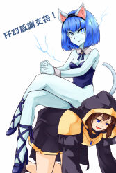Rule 34 | 2girls, all fours, alternate costume, animal ears, artist self-insert, blue eyes, blue hair, blue skin, breasts, brown hair, cat ears, cat tail, cleavage, colored skin, cross-laced footwear, crossed legs, detached collar, electricity, gender request, genderswap, high heels, highres, kemonomimi mode, kittysuit, league of legends, long hair, multiple girls, nam (valckiry), nontraditional playboy bunny, personification, short hair, simple background, sitting, sitting on person, summoner (league of legends), tail, wrist cuffs, xerath