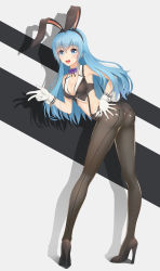 Rule 34 | 1girl, :d, anarchojs, animal ears, black footwear, black hairband, black pantyhose, black shorts, blue eyes, blue hair, blunt bangs, bow, bowtie, breasts, choker, cleavage, crop top, fake animal ears, floating hair, full body, gloves, hair down, hairband, hand on own ass, hatsune miku, high heels, highres, leaning forward, leotard, long hair, medium breasts, micro shorts, midriff, open mouth, pantyhose, playboy bunny, pumps, purple bow, purple bowtie, rabbit ears, shadow, shiny clothes, short shorts, shorts, sleeveless, smile, solo, standing, suspender shorts, suspenders, very long hair, vocaloid, w, white gloves