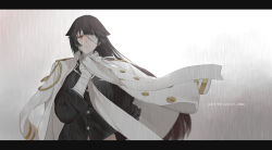 Rule 34 | 1944, 1girl, azur lane, backlighting, bandage over one eye, bandaged arm, bandaged neck, bandages, black hair, black jacket, brown eyes, clenched teeth, commentary, crying, crying with eyes open, dishwasher1910, english commentary, half-closed eye, hand up, jacket, jacket on shoulders, letterboxed, long hair, long sleeves, looking at viewer, military jacket, rain, solo, takao (azur lane), tears, teeth, upper body, very long hair, white jacket