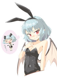 Rule 34 | 1girl, = =, animal ears, arm at side, arnest, bare arms, bare shoulders, bat wings, black bow, black bowtie, black hairband, black leotard, black wings, blue hair, blush, bow, bowtie, breasts, bright pupils, chibi, cleavage, closed eyes, closed mouth, collarbone, covered navel, covering privates, covering crotch, cropped torso, detached collar, detached wings, ears down, embarrassed, facing viewer, fake animal ears, fake tail, fang, fang out, full-face blush, furrowed brow, hairband, hand on own chest, hand up, highres, imagining, leotard, light blue hair, looking at viewer, nail polish, no nose, open mouth, outline, petite, playboy bunny, pointy ears, rabbit ears, rabbit tail, red eyes, red nails, remilia scarlet, short hair, simple background, small breasts, smile, smirk, smug, solo, split mouth, strapless, strapless leotard, tail, tearing up, tears, thought bubble, touhou, translation request, tsurime, v-shaped eyebrows, white background, white outline, white pupils, white tail, wings, wrist cuffs