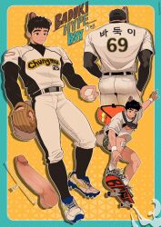 Rule 34 | 1boy, animal ears, ass, back, baduki (tenji), ball, bandaid, bandaid on knee, bandaid on leg, bara, baseball, baseball cap, baseball glove, baseball jersey, baseball uniform, belt, black belt, black hair, black headwear, black socks, blue footwear, brown eyes, character name, closed mouth, clothes lift, cropped legs, dark-skinned male, dark skin, disembodied penis, dog boy, dog ears, dog tail, erection, eyebrow cut, facial scar, fanny pack, full body, green shorts, hat, highres, holding, holding ball, jersey, large penis, layered sleeves, long sleeves, male focus, midair, midriff peek, multiple views, muscular, muscular male, original, pants, pectorals, penis, playing sports, scar, scar on cheek, scar on face, shirt, shoes, short hair, short over long sleeves, short sleeves, shorts, sideburns, skateboard, skateboarding, smile, sneakers, socks, sportswear, tail, tenji (tenji 89), testicles, tongue, tongue out, uncensored, white pants, white shirt, white socks, white wristband, yellow background