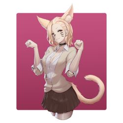 Rule 34 | 1girl, absurdres, animal ears, animalization, anjou (yancha gal), asymmetrical hair, bell, black choker, blonde hair, border, breasts, brown cardigan, cardigan, cat ears, cat girl, cat tail, choker, cleavage, cowboy shot, earrings, facial mark, highres, inhoso, jewelry, long sleeves, looking at viewer, medium breasts, medium hair, neck bell, open collar, paw pose, pink background, pleated skirt, shirt, skirt, sleeves rolled up, smile, solo, tail, w arms, whisker markings, white shirt, yancha gal no anjou-san, yellow eyes