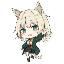 Rule 34 | 1girl, :d, animal ear fluff, animal ears, arknights, black footwear, black skirt, blush, boots, bow, breasts, cat ears, cat girl, cat tail, chibi, dog girl, fang, full body, green jacket, jacket, knee boots, light brown hair, long sleeves, looking at viewer, mango (mgo), open clothes, open jacket, open mouth, outstretched arm, pleated skirt, podenco (arknights), pointing, shirt, simple background, skirt, small breasts, smile, solo, standing, standing on one leg, tail, white background, white shirt, yellow bow