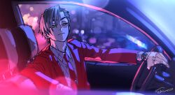 Rule 34 | 1boy, arm rest, blurry, car, chris redgrave, city lights, closed mouth, collared shirt, depth of field, driving, expressionless, green eyes, grey hair, head tilt, high card, jacket, looking to the side, male focus, mojisan (ebimo), motor vehicle, necktie, night, open clothes, open jacket, parted bangs, red jacket, red necktie, shadow, shirt, short hair, signature, sitting, solo, steering wheel, upper body, watch, wristwatch
