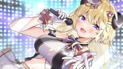 Rule 34 | 1girl, absurdres, alternate costume, bad id, bad pixiv id, blood, bow, bowtie, buta tamako, dutch angle, gloves, hair ornament, hairclip, highres, holding, holding microphone, hololive, horns, huge filesize, idol, long hair, looking at viewer, microphone, midriff, open mouth, outstretched arm, pleated skirt, purple eyes, sheep hair ornament, sheep horns, shirt, sidelocks, skirt, sleeveless, sleeveless shirt, solo, tsunomaki watame, virtual youtuber, white gloves, white shirt, white skirt, wrist cuffs