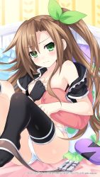 Rule 34 | 1girl, bare shoulders, belt, black shirt, black thighhighs, blouse, blush, bow, brown hair, choujigen taisen neptune vs sega hard girls, dated, embarrassed, eyes visible through hair, full body, green eyes, hair bow, hair ornament, highres, hugging object, if (neptunia), kneepits, long hair, looking at viewer, neptune (series), no bra, no pants, official art, open clothes, open shirt, panties, pillow, pillow hug, shirt, sitting, solo, thighhighs, tsunako, underwear, undressing, unfastened, unworn belt, v-shaped eyebrows, very long hair, wavy hair, wavy mouth