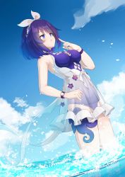 Rule 34 | 1girl, absurdres, blue eyes, blue one-piece swimsuit, blue sky, breasts, caisena, cloud, commentary request, day, frills, hair ribbon, highres, honkai (series), honkai impact 3rd, looking away, medium breasts, one-piece swimsuit, outdoors, parted lips, purple hair, ribbon, see-through, seele vollerei, seele vollerei (stygian nymph), sky, solo, swimsuit, swimsuit under clothes, water, white ribbon