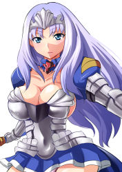 Rule 34 | 10s, 1girl, annelotte, armor, armored dress, blue eyes, breasts, cleavage, large breasts, light purple hair, long hair, nishida megane, queen&#039;s blade, queen&#039;s blade rebellion, solo