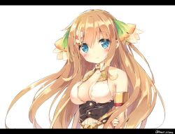 Rule 34 | 1girl, armlet, artist name, bare shoulders, blonde hair, blue eyes, blush, breasts, ciel nosurge, cleavage, flower, hair flower, hair ornament, ionasal kkll preciel, kani biimu, letterboxed, long hair, looking at viewer, md5 mismatch, medium breasts, resized, resolution mismatch, simple background, smile, solo, source larger, surge concerto, upper body, white background