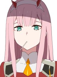 Rule 34 | 1girl, closed mouth, darling in the franxx, dress, eyebrows hidden by hair, food in mouth, green eyes, hairband, horns, long hair, looking at viewer, mouth hold, necktie, orange necktie, pink hair, red dress, short necktie, solo, tadanoshi kabane, upper body, white hairband, zero two (darling in the franxx)
