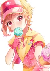 Rule 34 | 1boy, bad id, bad pixiv id, blonde hair, ensemble stars!, food, foreshortening, hair between eyes, highres, holding, holding food, holding ice cream, ice cream, looking at viewer, male focus, nito nazuna, red eyes, rinkarinne, short hair, simple background, solo, visor cap