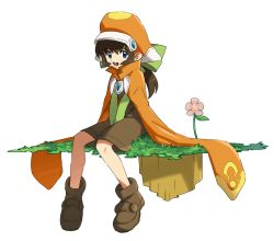Rule 34 | 1girl, blue eyes, bow, brown hair, cape, flower, full body, hat, highres, long hair, looking at viewer, marguerite fatima, open mouth, orange hat, piko han, simple background, smile, solo, white background, xenogears