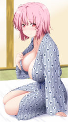 Rule 34 | 1girl, absurdres, blurry, blurry background, blush, breasts, commentary request, eyes visible through hair, highres, japanese clothes, kimono, large breasts, long sleeves, looking at viewer, no bra, nori tamago, open clothes, open kimono, pink hair, red eyes, saigyouji yuyuko, short hair, sitting, smile, solo, touhou, yukata