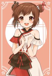 Rule 34 | 1girl, brown eyes, brown hair, casual, cocoperino, cowboy shot, double bun, hair bun, highres, kantai collection, multicolored clothes, official alternate costume, open mouth, round teeth, short hair, skirt, smile, solo, tan yang (kancolle), teeth, upper body, upper teeth only, yukikaze (kancolle)