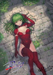 Rule 34 | 1girl, artist name, bare shoulders, belt, bogdae, boots, breasts, brick floor, choker, cleavage, copyright name, dated, elbow gloves, english text, gloves, grass, green eyes, green hair, highleg, highleg leotard, holding, holding weapon, knee boots, korean text, leotard, long hair, lying, medium breasts, on back, open mouth, red theme, rusty (pc-98), shoulder pads, signature, solo, standing, strapless, strapless leotard, weapon, whip