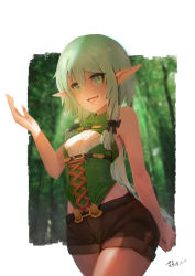 Rule 34 | &gt;:), 10s, 1girl, aduo, bare shoulders, belt, black bow, bow, breasts, brown shorts, chest strap, cowboy shot, elf, gloves, goblin slayer!, green eyes, green hair, hair between eyes, hair bow, hand up, high elf archer (goblin slayer!), highres, long hair, looking at viewer, navel, open mouth, pointy ears, shirt, short shorts, shorts, sidelocks, simple background, sleeveless, sleeveless shirt, small breasts, smile, solo, standing, v-shaped eyebrows