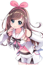 Rule 34 | 1girl, black bow, blue eyes, blush, bow, breasts, brown hair, closed mouth, collarbone, commentary request, detached sleeves, hair ribbon, hairband, hand on own hip, hand to own mouth, hand up, highres, kizuna ai, kizuna ai inc., large breasts, leaning forward, long hair, long sleeves, multicolored hair, navel, pikomarie, pink hair, pink hairband, pink ribbon, ribbon, sailor collar, shirt, short shorts, shorts, sideboob, sleeveless, sleeveless shirt, sleeves past wrists, smile, solo, streaked hair, striped, striped bow, very long hair, virtual youtuber, white sailor collar, white shirt, white shorts