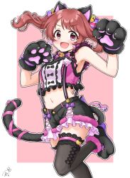 Rule 34 | 1girl, animal ears, animal hands, armpits, bare shoulders, bell, black shorts, black thighhighs, blush, breasts, brown eyes, brown hair, cat ears, cat paws, cat tail, crop top, earrings, fake animal ears, fake tail, fang, frilled shirt, frilled shorts, frills, funxy k, grid background, hair ribbon, highres, idolmaster, idolmaster cinderella girls, idolmaster cinderella girls starlight stage, jewelry, lace trim, long hair, looking at viewer, midriff, navel, neck bell, open mouth, outside border, paw pose, paw shoes, pink background, pink shirt, purple ribbon, ribbon, shiina noriko, shirt, shorts, signature, small breasts, smile, solo, standing, standing on one leg, suspender shorts, suspenders, tail, thighhighs, v-shaped eyebrows
