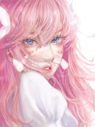 Rule 34 | 1girl, artist name, belle (ryuu to sobakasu no hime), blue eyes, chargaff, eyelashes, facepaint, facial mark, hair between eyes, highres, lips, long hair, looking at viewer, looking to the side, parted lips, pink hair, portrait, puffy sleeves, ryuu to sobakasu no hime, simple background, solo, sparkle, twitter username, white background
