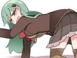 Rule 34 | 1girl, all fours, blazer, brown thighhighs, commentary request, green eyes, green hair, hair ornament, hairclip, hammer (sunset beach), jacket, kantai collection, looking at viewer, neckerchief, open mouth, skirt, solo, suzuya (kancolle), thighhighs