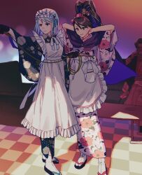 Rule 34 | 1boy, 2girls, absurdres, ace attorney, ace attorney investigations, apron, aqua hair, black gloves, black hair, blue eyes, checkered floor, cup, earrings, floral print, floral print kimono, franziska von karma, gloves, hair between eyes, high ponytail, highres, holding, holding cup, holding whip, japanese clothes, jewelry, kay faraday, kimono, long sleeves, maid headdress, miles edgeworth, multiple girls, oshaberi usagi, sandals, smile, socks, table, teacup, whip, white apron, white socks, wide sleeves, zouri