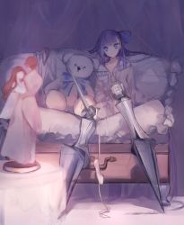 Rule 34 | 10s, 1girl, absurdres, armored boots, ashita kura, bad id, bad pixiv id, bed, boots, commentary request, fate/extra, fate/extra ccc, fate (series), highres, meltryllis (fate), pajamas, purple hair, sitting, solo
