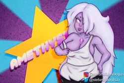Rule 34 | 1girl, amethyst (steven universe), breasts, cleavage, colored skin, highres, large breasts, long hair, pulling own clothes, purple eyes, purple skin, self-upload, sideboob, solo, stefano fuor d&#039;acqua, steven universe, tank top