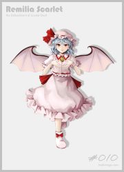 Rule 34 | 1girl, absurdres, back bow, bat wings, blouse, blue hair, blush, border, bow, brooch, character name, closed mouth, collared shirt, commentary request, embodiment of scarlet devil, footwear bow, frilled shirt, frilled shirt collar, frilled skirt, frilled sleeves, frills, full body, grey border, happy, hat, hat ribbon, highres, hoshiringo0902, jewelry, lips, mob cap, pink footwear, pink hat, pink shirt, pink skirt, puffy short sleeves, puffy sleeves, red bow, red eyes, red ribbon, remilia scarlet, ribbon, shirt, short hair, short sleeves, simple background, skirt, skirt set, smile, solo, standing, touhou, vampire, waist bow, white background, white wings, wings, wrist cuffs