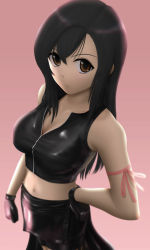 Rule 34 | 00s, 1990s (style), 1girl, black hair, breasts, brown eyes, cleavage, crop top, final fantasy, final fantasy vii, final fantasy vii advent children, gloves, highres, large breasts, long hair, midriff, navel, pink theme, realistic, ribbon, shirt, siraha, skirt, solo, taut clothes, taut shirt, tifa lockhart