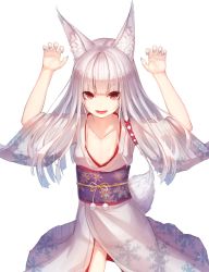 Rule 34 | 1girl, animal ears, arms up, claw pose, collarbone, cowboy shot, eyebrows, fingernails, flat chest, fox ears, fox tail, hair ribbon, japanese clothes, kimono, long hair, munuu, nail polish, no panties, obi, open mouth, original, red eyes, ribbon, sash, sharp fingernails, simple background, snowflake print, solo, tail, teeth, transparent background, white background, white hair, wide sleeves