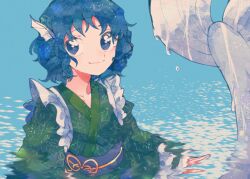 Rule 34 | 1girl, blue eyes, blue hair, closed mouth, collarbone, fins, green kimono, head fins, itomugi-kun, japanese clothes, kimono, long sleeves, mermaid, monster girl, obi, partially submerged, sash, short hair, smile, solo, touhou, wakasagihime, water, wide sleeves