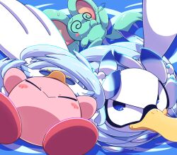 Rule 34 | :&gt;, @ @, bird, bird hat, blue background, blue eyes, blush stickers, closed eyes, closed mouth, elfilin, feathers, fleurina, highres, kirby, kirby (series), kirby and the forgotten land, nettsuu, nintendo, no humans, sweatdrop, tornado kirby, white feathers, white headwear